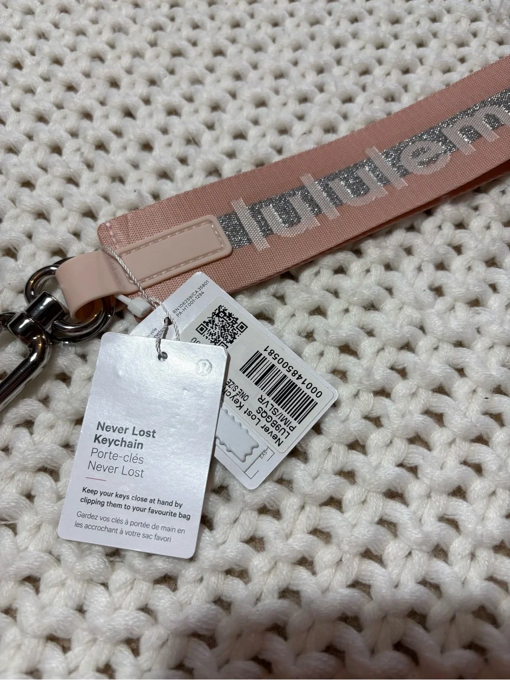 NWT lululemon pink mist/silver never lost keychain